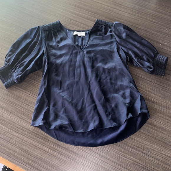 Hale Bob Los Angeles size s silk navy blue vneck poof sleeve blouse - Picture 1 of 8
